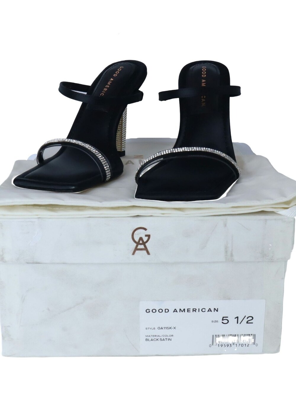 Good American Rhinestone Satin Square Toe Strappy Heels Women's 5.5 GA115k-X